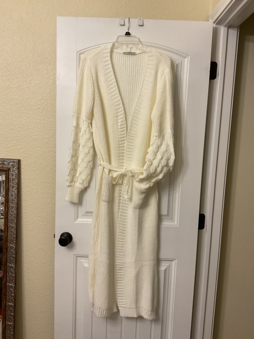 Long Cream Knit Belted Cardigan Sweater